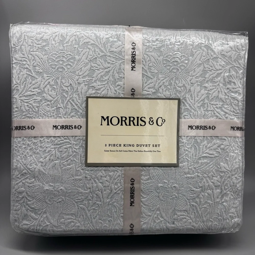 NEW 3 Pc William Morris & Co Bird and Anemone Light Blue King Duvet Set Textured